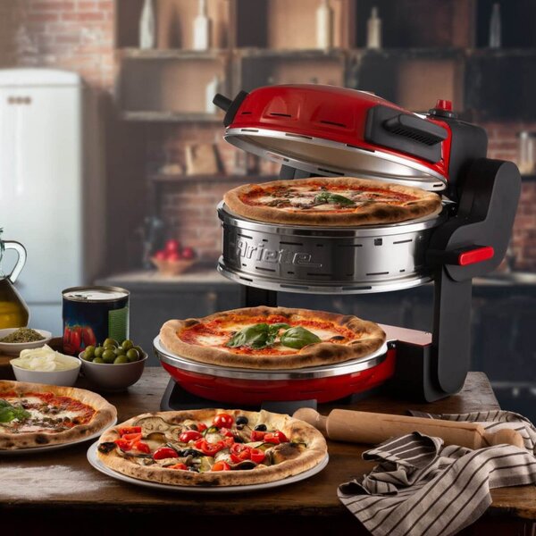 Двойна фурна за пица Ariete PIZZERIA 0927/00, 2300W, 32 см, 2 термостата до 400C, 5 нива, 2 каменни плочи, Незалепващо покритие, Червен