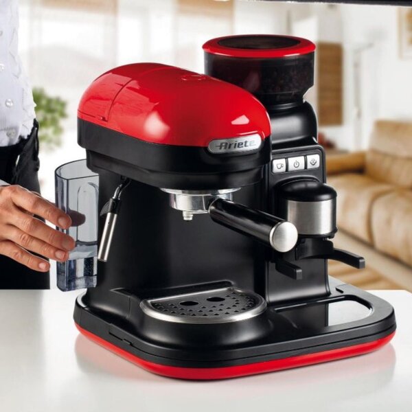 Еспресо машина Ariete ESPRESSO MODERNA 1318/00, 1080W, 15 bar, 0.8 л, Вградена кафемелачка, Стиймър, Червен