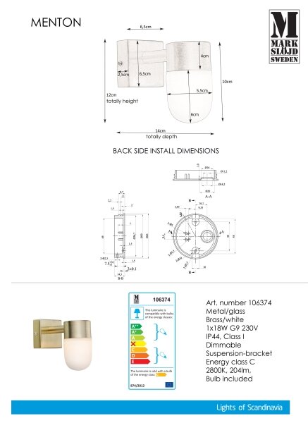 Markslöjd 106374 - Аплик за баня MENTON 1xG9/18W230V IP44