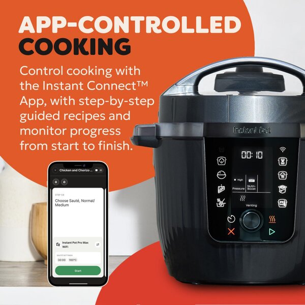 Мултикукър Instant Pot Pro Max 60 WiFi, 1200W, 5.7 л, 10 програми, Nutriboost, WiFi управление, LCD дисплей, Неръждаема стомана, Черен