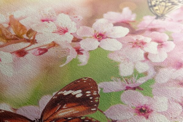 Картина на платно – Пролетни цветя с екзотични пеперуди