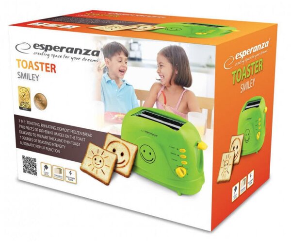 Тостер Esperanza EKT003 Smiley, 750W, 2 печата с усмивка, 7 степени, Зелен