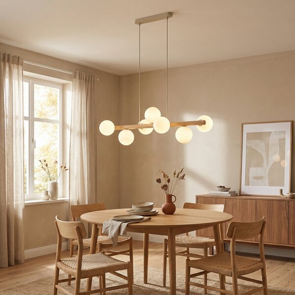 TK Lighting Висящо осветително тяло Estera, опалово стъкло, дърво, седем светлини, Затъмняване, Дърво, Дневна/трапезария, Стъкло, Глобус