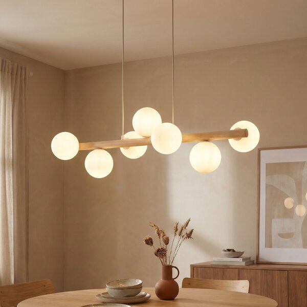 TK Lighting Висящо осветително тяло Estera, опалово стъкло, дърво, седем светлини, Затъмняване, Дърво, Дневна/трапезария, Стъкло, Глобус