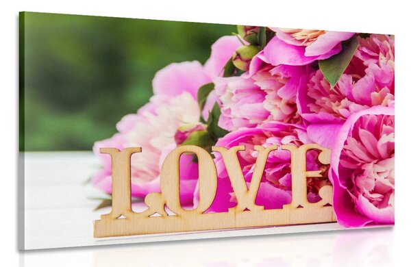 Картина на платно – Божури с надпис Love