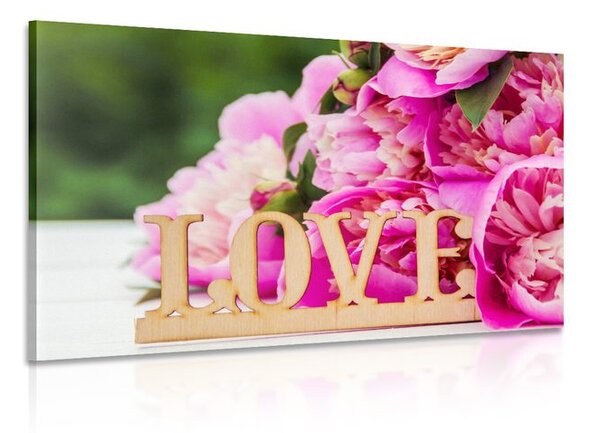 Картина на платно – Божури с надпис Love