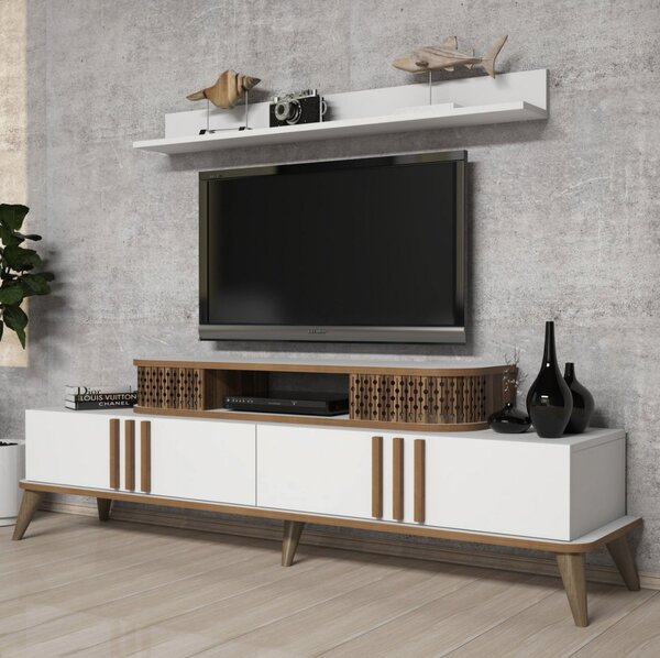 Меламинов тв шкаф в бял и орехов цвят 168x39x51.6см
