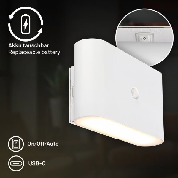 Briloner 3878016 - LED акумулаторна стенна лампа със сензор CHAT LED/3W/5V 2000 mAh бяла