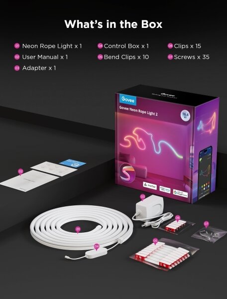 Govee - Neon 2 MATTER сгъваем LED лента 5m RGBIC Wi-Fi IP67