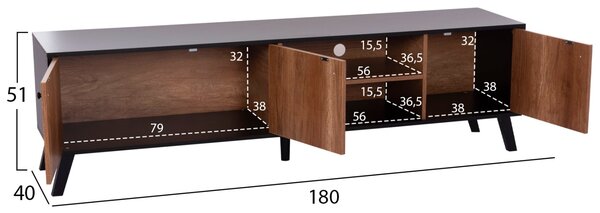Тв шкаф Kruden меламинов в черно-натурален 180x40x51см