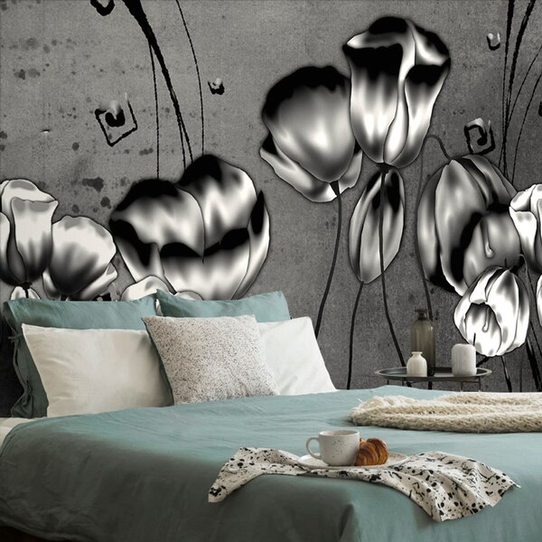 Тапет – Черно-бели макове в етно оттенък