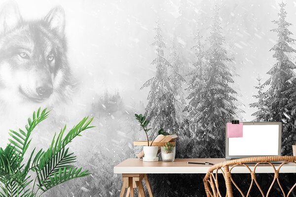 Тапет – Черно-бял вълк в снежен пейзаж