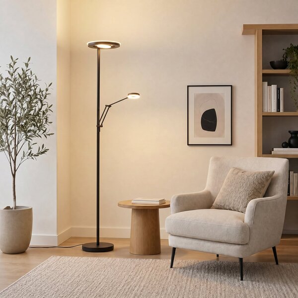 Trio Lighting LED плафон Barrie с лампа за четене, матово черно, Затъмняване, Черен, Дневна/трапезария, Метал, Модерен, Светлина за четене