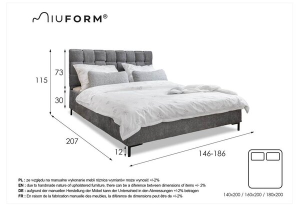 Светлосиво тапицирано двойно легло с включена подматрачна рамка 140x200 cm Eve – Miuform