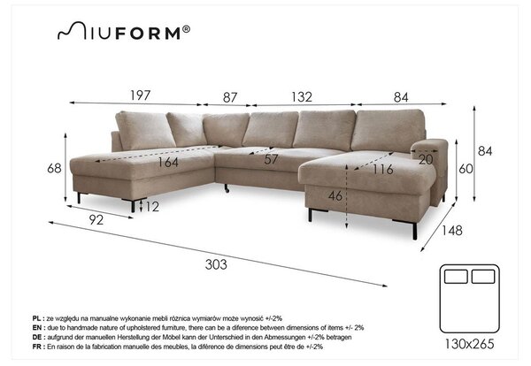 Морскосиньо кадифе, U-образен разтегателен диван, ляв ъгъл Lofty Lilly - Miuform