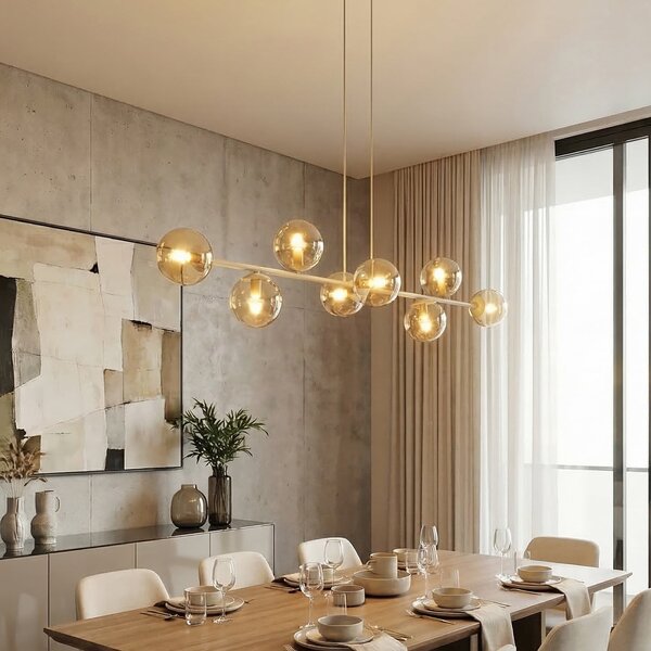 EMIBIG LIGHTING Висяща лампа „Роси“, бежова, дължина 130 см, 8-лампова, стъкло/метал, Затъмняване, Бежов, Дневна/трапезария, Стъкло, Модерен, Глобус