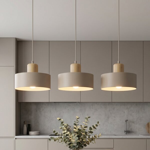 EMIBIG LIGHTING Висяща лампа „Торин“, бежова, дължина 80 см, с 3 лампи, метал/дърво, Затъмняване, Бежов, Дневна/трапезария, Метал, Скандинавски