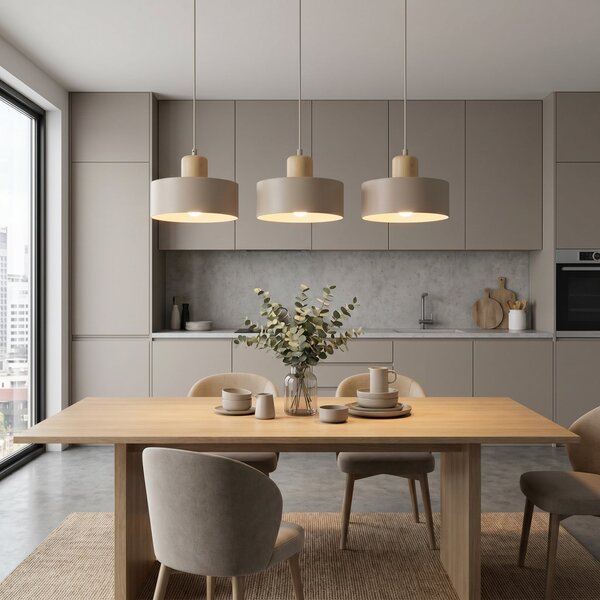 EMIBIG LIGHTING Висяща лампа „Торин“, бежова, дължина 80 см, с 3 лампи, метал/дърво, Затъмняване, Бежов, Дневна/трапезария, Метал, Скандинавски