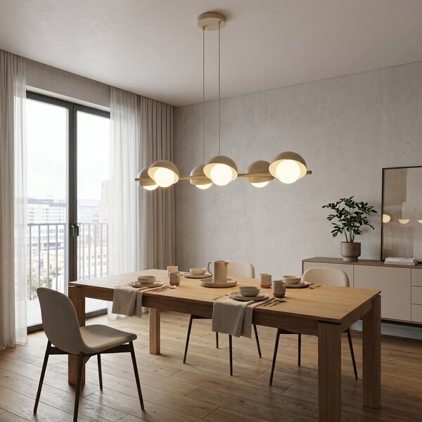 EMIBIG LIGHTING Висяща лампа BOOM, бежова, дължина 88 см, 6-лампова, метал/стъкло, Затъмняване, Бежов, Дневна/трапезария, Метал, Модерен