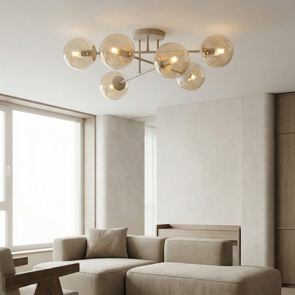 EMIBIG LIGHTING Таванна лампа ROMA, бежова, Ø 75 см, 6-лампова, стъкло/метал, E14, Затъмняване, Бежов, Дневна/трапезария, Стъкло, Модерен, Глобус