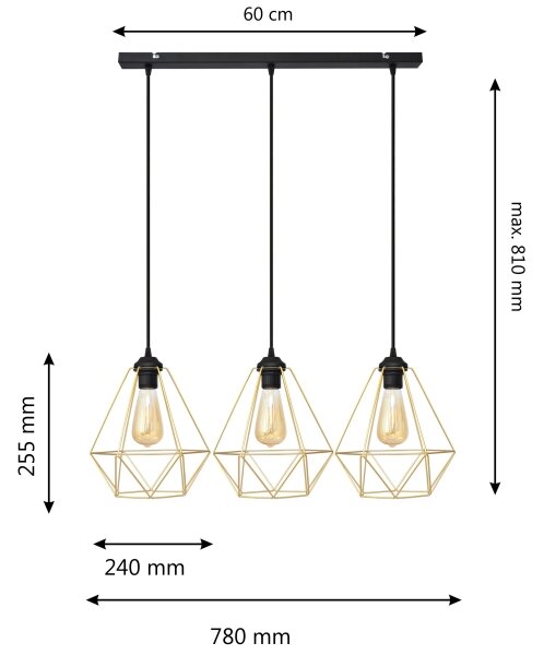 Пендел KARO 3xE27/60W/230V златист/черен