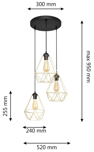 Пендел KARO 3xE27/60W/230V златист/черен