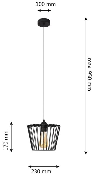 Пендел TORRI 1xE27/15W/230V Ø 23 см черен