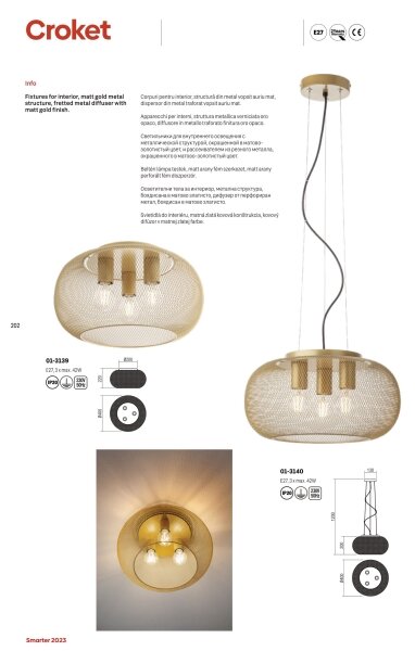 Redo 01-3140 - Пендел CROKET 3xE27/42W/230V Ø 40 см златист