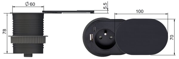 Solight PP124USBC-B - Колона с контакти за маса 1x230V + USB-A + USB-C