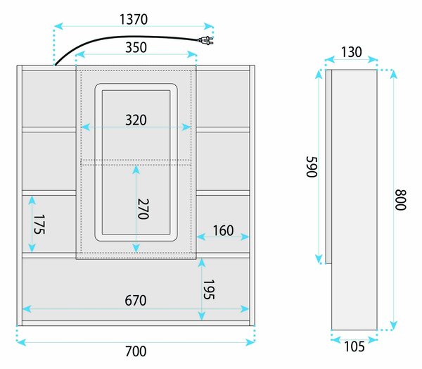 Шкаф с огледало и LED осветление Rea Luna 70x80cm