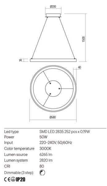 Redo 01-2673-LED Димируем пендел ICONIC LED/50W/230V Ø 58 см златист