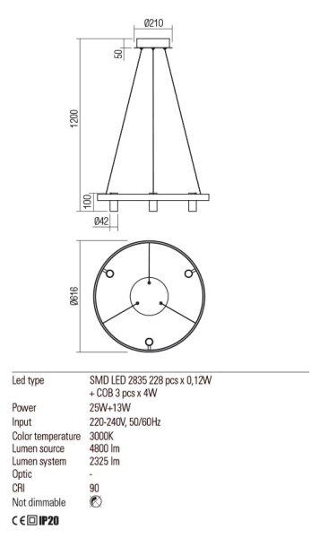 Redo 01-2490 - LED Пендел SUMMIT LED/38W/230V CRI 90 златист