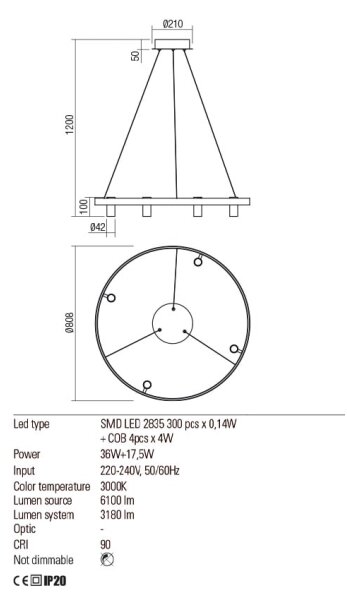 Redo 01-2492 - LED Пендел SUMMIT LED/53,5W/230V CRI 90 златист