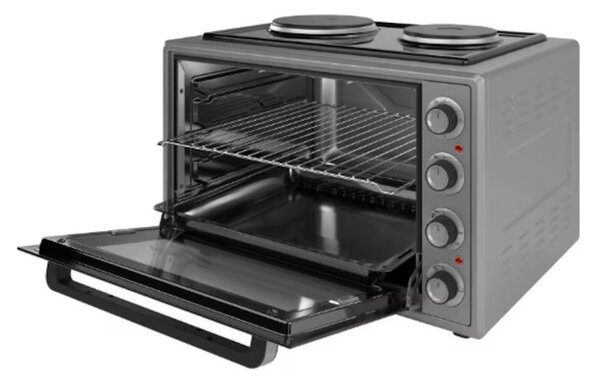 Малка готварска печка Elite EMO-FL 65 2590, 2000W, 65 литра, 3 режима, 3 степени на котлон, Двойно стъкло, Термостат, Турбо вентилатор, Сив