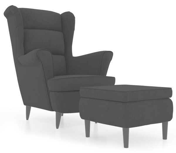 VidaXL Фотьойл Wingback с табуретка, черен, кадифе