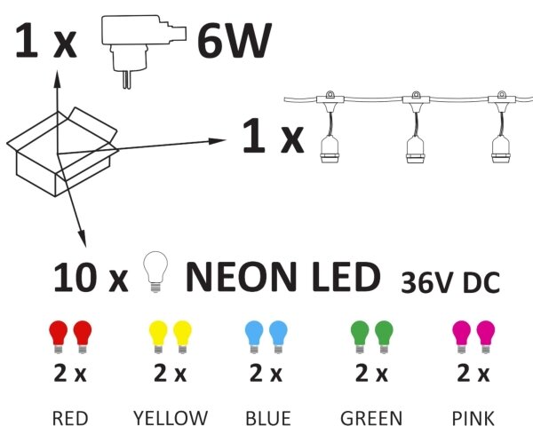 LED Екстериорни декоративни лампички PARTY NEON 7,6 м 10xE27/0,6W/36V IP44