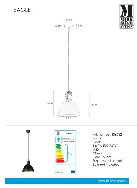 Markslöjd 106552 - Пендел EAGLE 1xE27/60W/230V черен