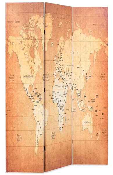 VidaXL Сгъваем параван за стая, 120x170 см, карта на света, жълт