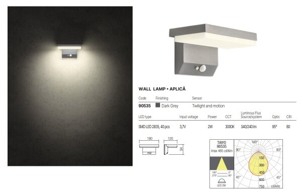 Redo 90535 - LED Соларна лампа със сензор TAIYO LED/2W/3,7V 3000K IP54 антрацит