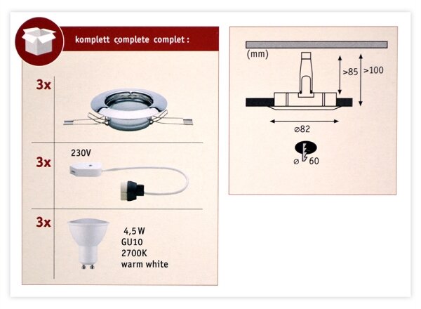 Paulmann 93657 - КОМПЛЕКТ 3x LED/GU10/4,5W Вградено осветление за окачен таван 230V