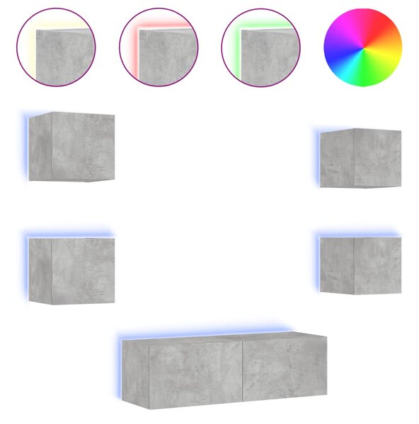 VidaXL ТВ стенни шкафове, 5 части, с LED светлини, бетонно сиви