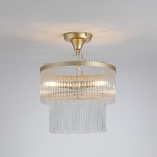 Searchlight Таванна лампа Lara, Ø 35 cm, златист/прозрачен, стъкло/метал, Затъмняване, Злато / месинг, Дневна/трапезария, Стъкло