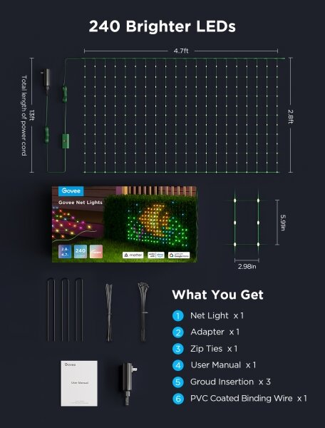 Govee - LED RGBIC Мрежа за външно осветление 143x85 см Wi-Fi Matter IP65