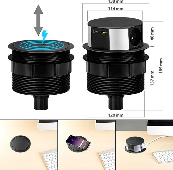 Solight PP120CW-PD20-B-Колона с контакти за плот на маса с Qi 3x230V+1xUSB-A+1xUSB-C