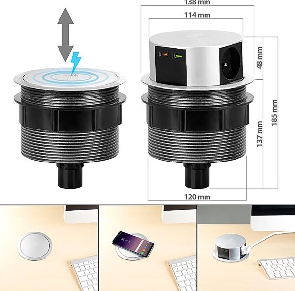 Solight PP120CW-PD20- Колона с контакти за плот на маса с Qi 3x230V+1xUSB-A+1xUSB-C