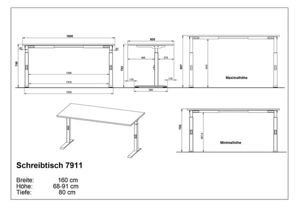 Работна маса с регулируема височина 200x240 cm Agenda – Germania