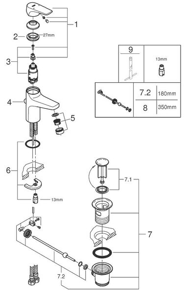 BauFlow Смесител за умивалник 1/2", с изпразнител, едноръкохватков, S-размер