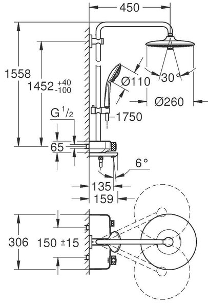 Euphoria SmartControl System 260 Mono Душ система със стенен термостатен смесител за вана/душ
