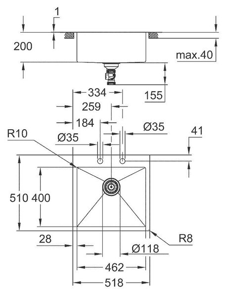 Grohe K800 квадратна кухненска мивка от неръждаема стомана, единична
