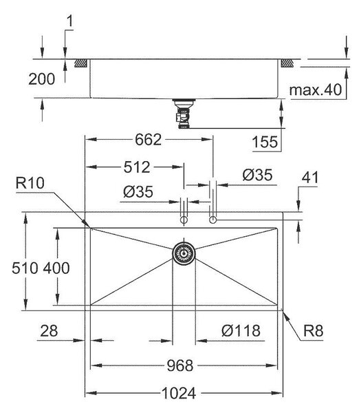 Grohe K800 кухненска мивка от неръждаема стомана, единична, 1024x510 mm